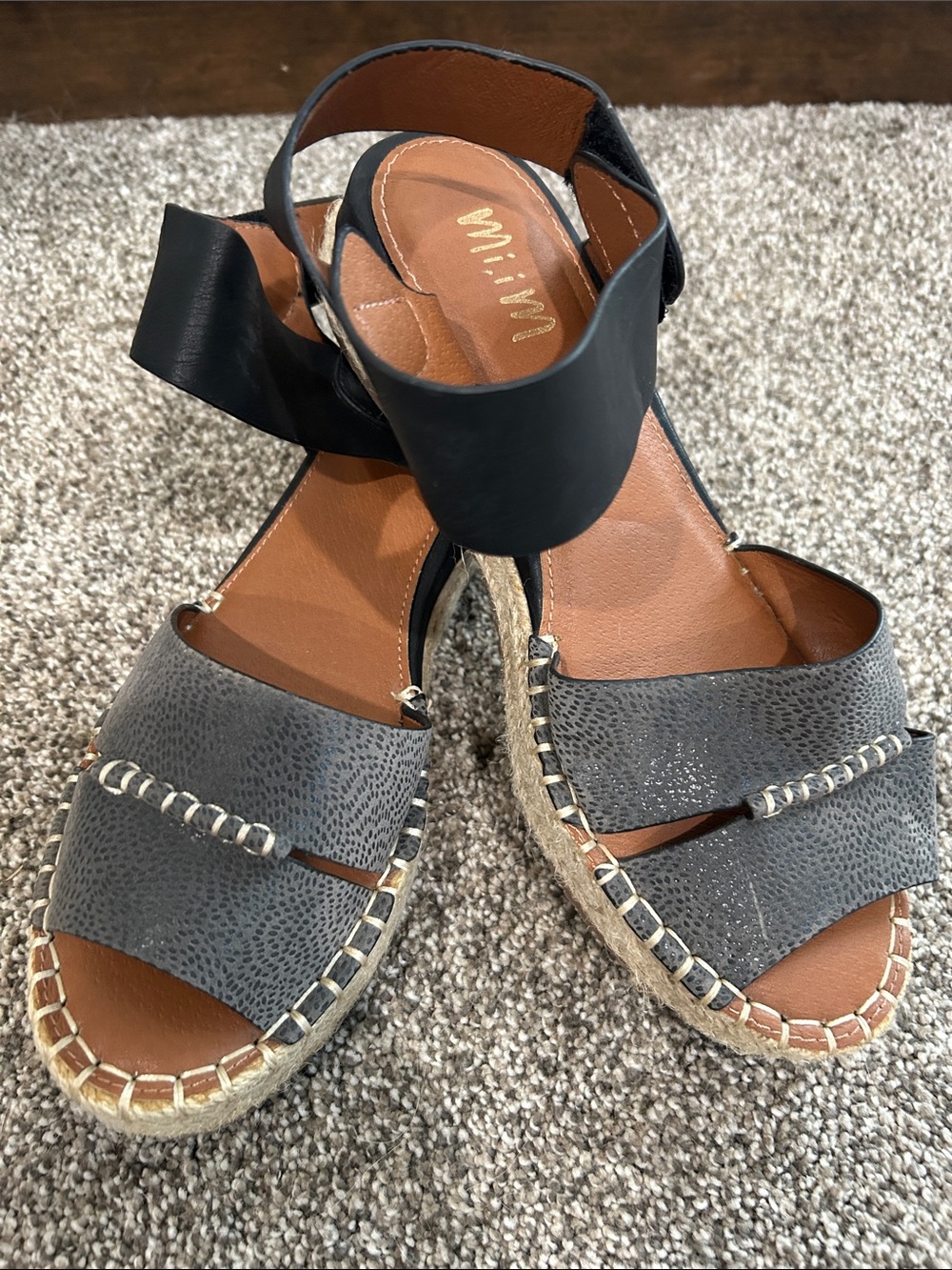 Mi.iM Gray and Black Espadrille Wedge Sandals